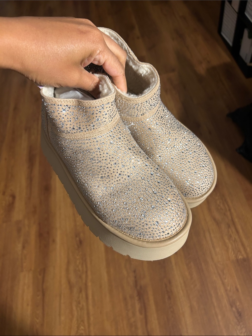 wild fable Beige Crystal-Embellished Slip-On Platform Booties